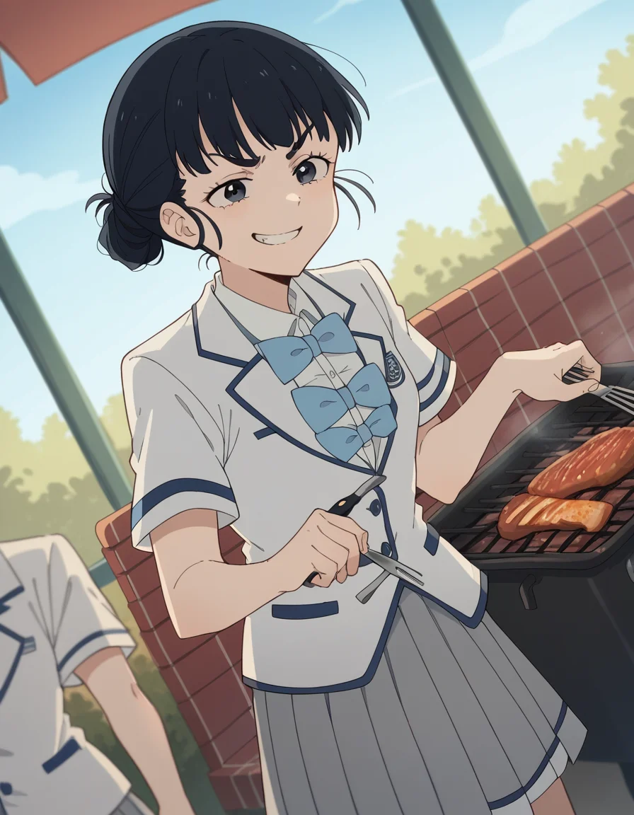 score_9, score_8_up, score_7_up, source_anime, <lora:tiara-basori-s1-ponyxl-lora-nochekaiser:1>, tiara basori, bangs, black hair, hair bun, black eyes, single hair bun,, skirt, shirt, bow, school uniform, white shirt, short sleeves, grey skirt, pleated skirt, bowtie, blue bowtie, blue bow, blazer,, backyard, barbecue, grilling, laughter, summer evening, smile, , smug, solo,, cowboy shot, dutch angle