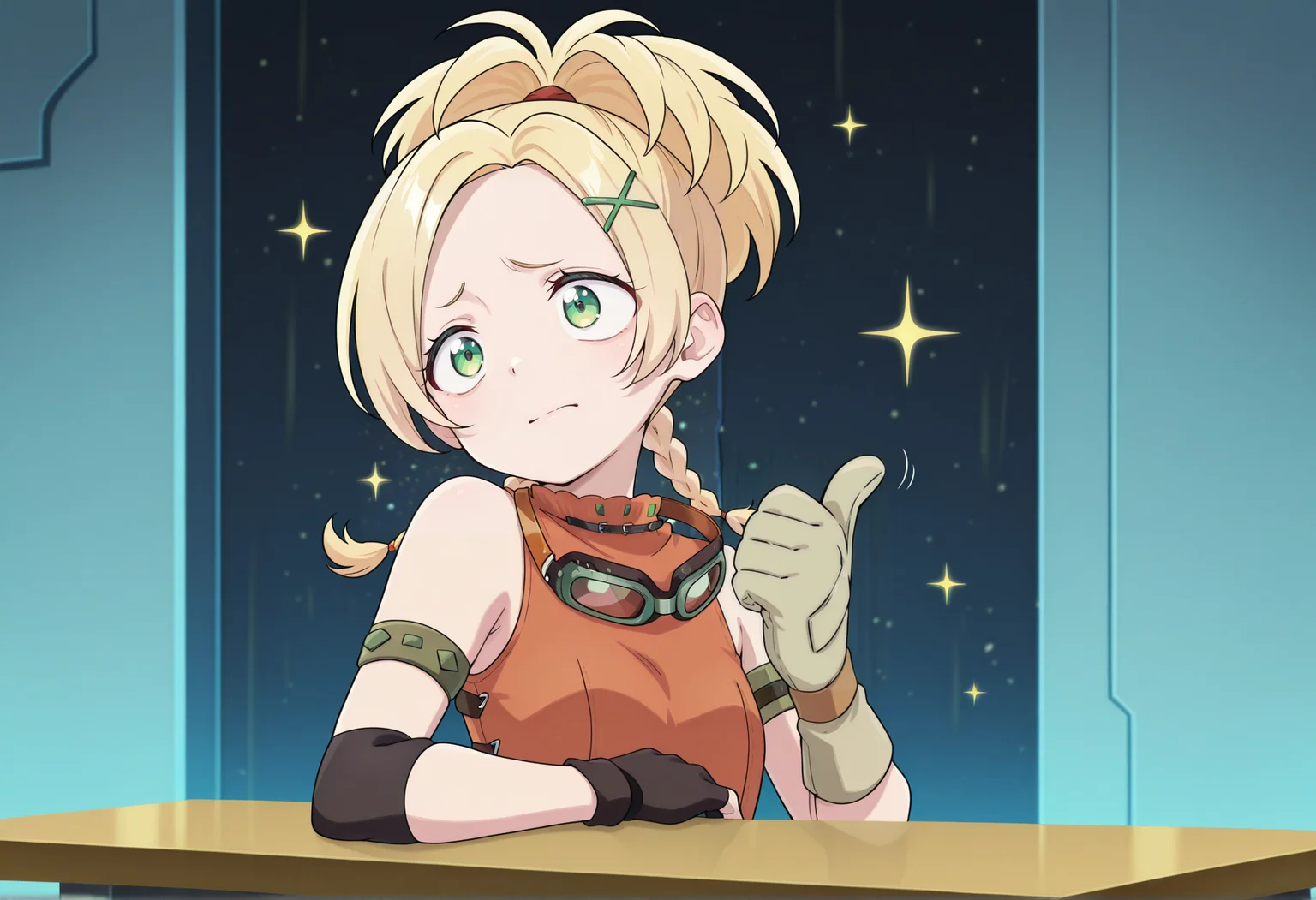 anime screenshot, anime screencap, anime coloring, look_at_my_tsukasa, parody, sparkles, upper body, thumbs up, table, girl, solo, blonde hair, green eyes, medium hair, goggles around neck, ponytail, low tiwn braids, x hair ornament, tube top, asymmetrical armwear, armlet, single elbow pad, single fingerless glove, single elbow glove <lora:rikku_illus:1><lora:Look_at_my_Tsukasa_medalist_meme:1>, masterpiece, best quality, amazing quality, very aesthetic, absurdres, highres, newest