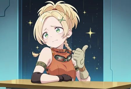 anime screenshot, anime screencap, anime coloring, look_at_my_tsukasa, parody, sparkles, upper body, thumbs up, table, girl, solo, blonde hair, green eyes, medium hair, goggles around neck, ponytail, low tiwn braids, x hair ornament, tube top, asymmetrical armwear, armlet, single elbow pad, single fingerless glove, single elbow glove <lora:rikku_illus:1><lora:Look_at_my_Tsukasa_medalist_meme:1>, masterpiece, best quality, amazing quality, very aesthetic, absurdres, highres, newest