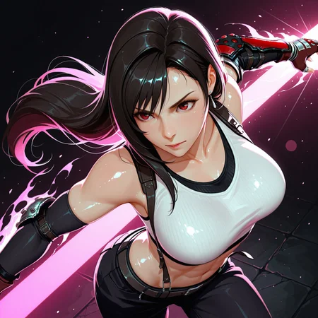 safe_pos, masterpiece, amazing quality, best quality, good quality, very aesthetic, absurdres, newest, 8K, depth of field, focused subject, in the style of cknc, artist:moriimee, in the style of cksc, BREAK side portrait of Tifa Lockhart (Final Fantasy VII), classic outfit, crop top, large breasts, panty peek, dynamic pose, action pose, dark background, silhouetted, directional lighting, viewed, from above, artist:moriimee, in the style of ck-rw, easynegative, ng_deepnegative_v1_75t, fcNeg, glowing aura, jk, jk style, skindentation, perfecteyes, perfect skin, athletic, toned, shiny skin, shiny hair, lips, volumetric lighting, bokeh, backlighting, very aesthetic, Chiaroscuro Lighting, god rays
