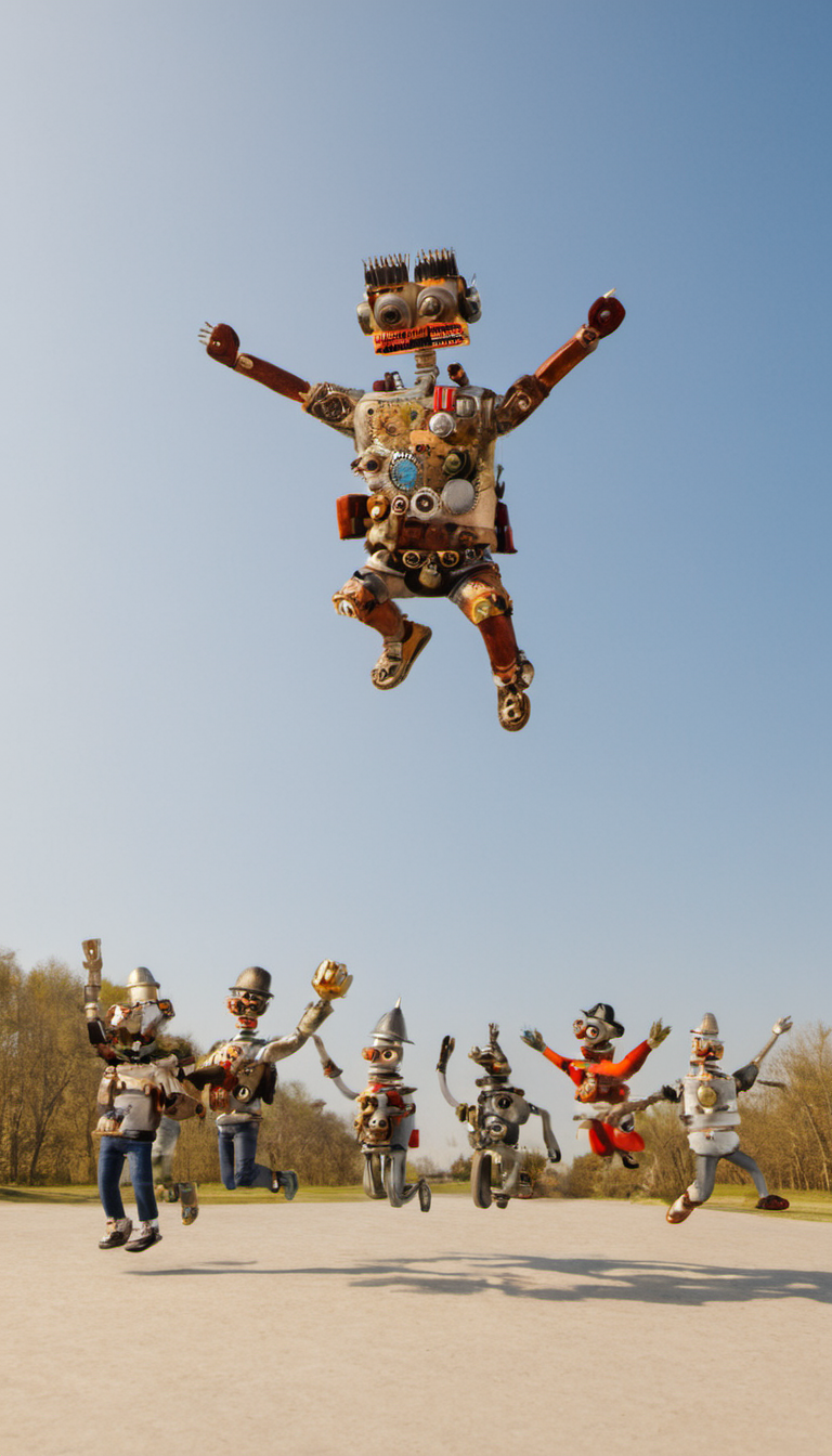 <lora:JunkBots_XL:1> Group shot of a group of characters jumping in the air and waving their arms, a sunny day