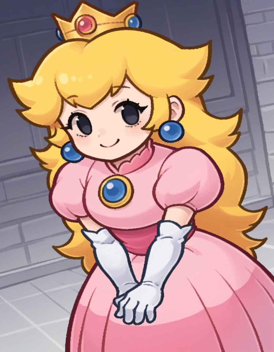 score_9, score_8_up, score_7_up, source_anime,
princesspeach, <lora:paper-peach-ingame-ponyxl-lora-nochekaiser:0.9>,
peach, long hair, blonde hair, chibi, solid oval eyes, no sclera, black eyes, eyelashes,
gloves, dress, jewelry, earrings, elbow gloves, crown, pink dress,
indoors, bent over, smile,
looking at viewer, solo, dutch angle, cowboy shot,
