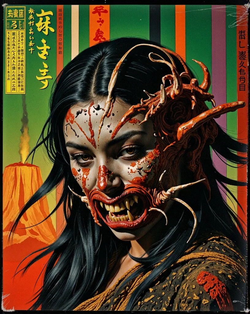 BAROQUE ART style, dynamic composition, dramatic lighting, rich colors, intricate details, professional-grade execution, captures the grandeur and theatricality of the Baroque period _1 breathtaking _1 Horror-themed _1 analog film photo (Monster alien African Godzilla face:2). portrait with sharp teeth. Background with volcano. A close-up portrait of a monstrous woman's face, etched with sharp, jagged teeth that protrude menacingly from her pale, drawn lips. Her eyes, pools of unsettling amber, gleam with predatory intensity, highlighting deep, shadowy hollows beneath. Rough, scarred skin, a tapestry of deep crimson and charcoal gray, covers her face, contrasting starkly with long, thin, black strands of hair that whip in a turbulent wind. A backdrop of bold, vertical stripes â a vibrant blood against a vibrant green â creates a visually striking and unsettling contrast against the grim visage. The lighting emphasizes the harshness of her features, casting long, dramatic shadows across her face, accentuating the jagged lines and stark texture of her skin..(faded film, desaturated, 35mm photo, grainy, vignette, vintage, Kodachrome, Lomography, stained, highly detailed, found footage:1).(Eerie, unsettling, dark, spooky, suspenseful, grim, highly detailed:1).(award-winning, professional, highly detailed, high resolution, masterpiece:1)