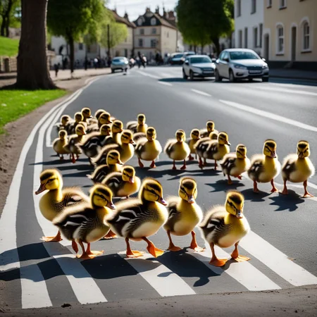 flock of ducks, flock of ducklings, walking, zebra crossing