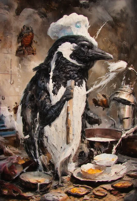 Create a photorealistic close-up image of a penguin wearing a tiny chef hat, standing in front of a kitchen counter. The penguin's black and white feathers are perfectly polished, and it has an adorably focused expression as it attempts to stir a pot on the stove with a wooden spoon. The kitchen around it is bustling with activity, with various pots, pans, and ingredients scattered across the counter, hinting at a culinary disaster in progress. A trail of flour leads from the counter to the penguin’s flippers, indicating the chaos that has unfolded. In the background, a small, cartoonish lobster wearing glasses peeks out from a cupboard, adding to the humorous chaos of the scene. The lighting is warm, coming from a small kitchen lamp overhead, casting soft shadows and highlighting the penguin’s determined yet slightly flustered expression. The scene exudes a playful, whimsical energy, with an unexpected mix of culinary ambition and clumsy execution. Ultra-quality, 8k, best quality, a masterpiece, award-winning, midjourneyv6.1.