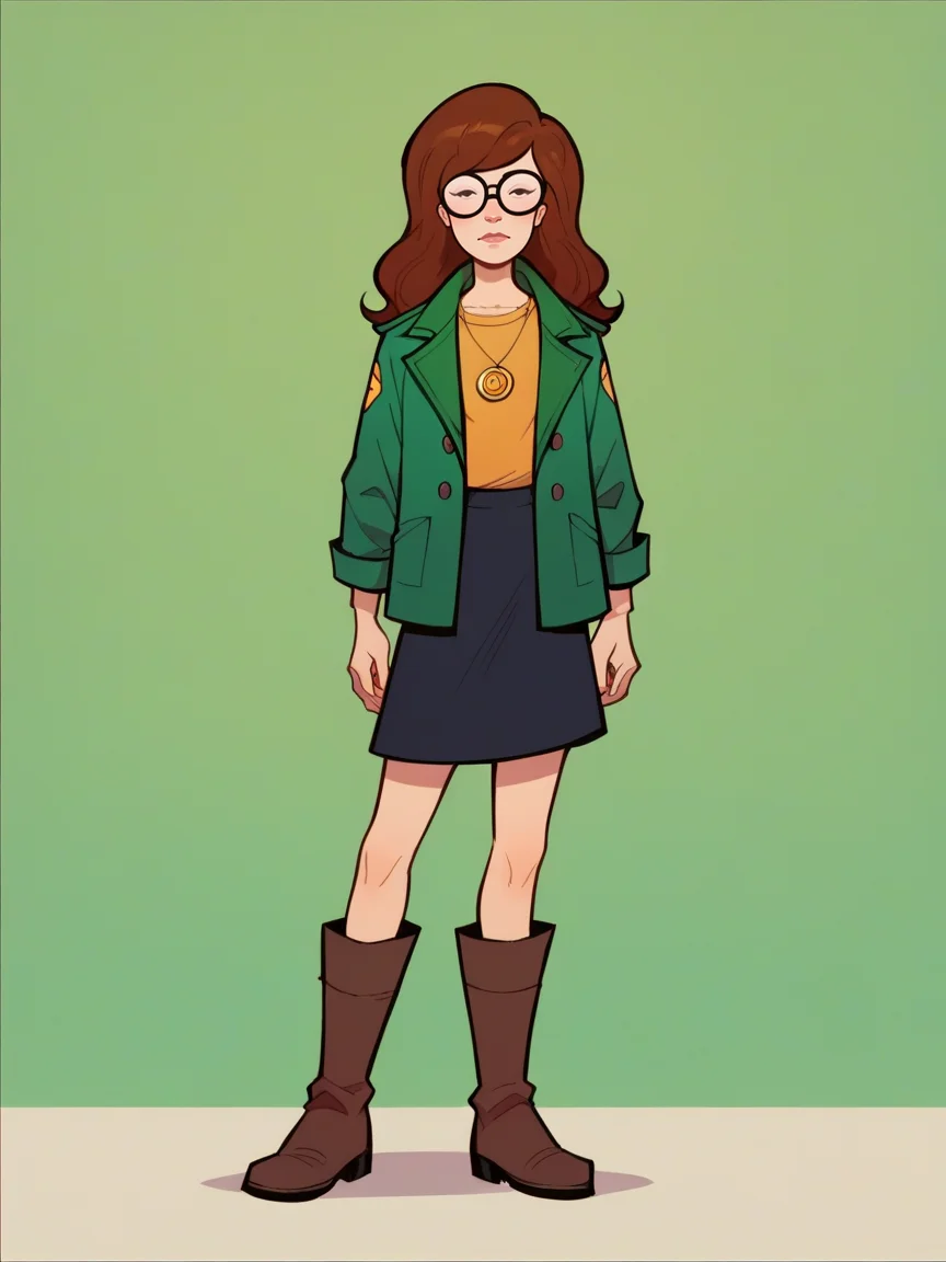 score_9, score_8_up, score_7_up, score_6_up, score_5_up, <lora:DariaXLP:1> daria, 1girl, brown hair, glasses, green jacket, black skirt, boots
