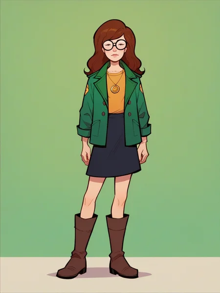 score_9, score_8_up, score_7_up, score_6_up, score_5_up, <lora:DariaXLP:1> daria, 1girl, brown hair, glasses, green jacket, black skirt, boots