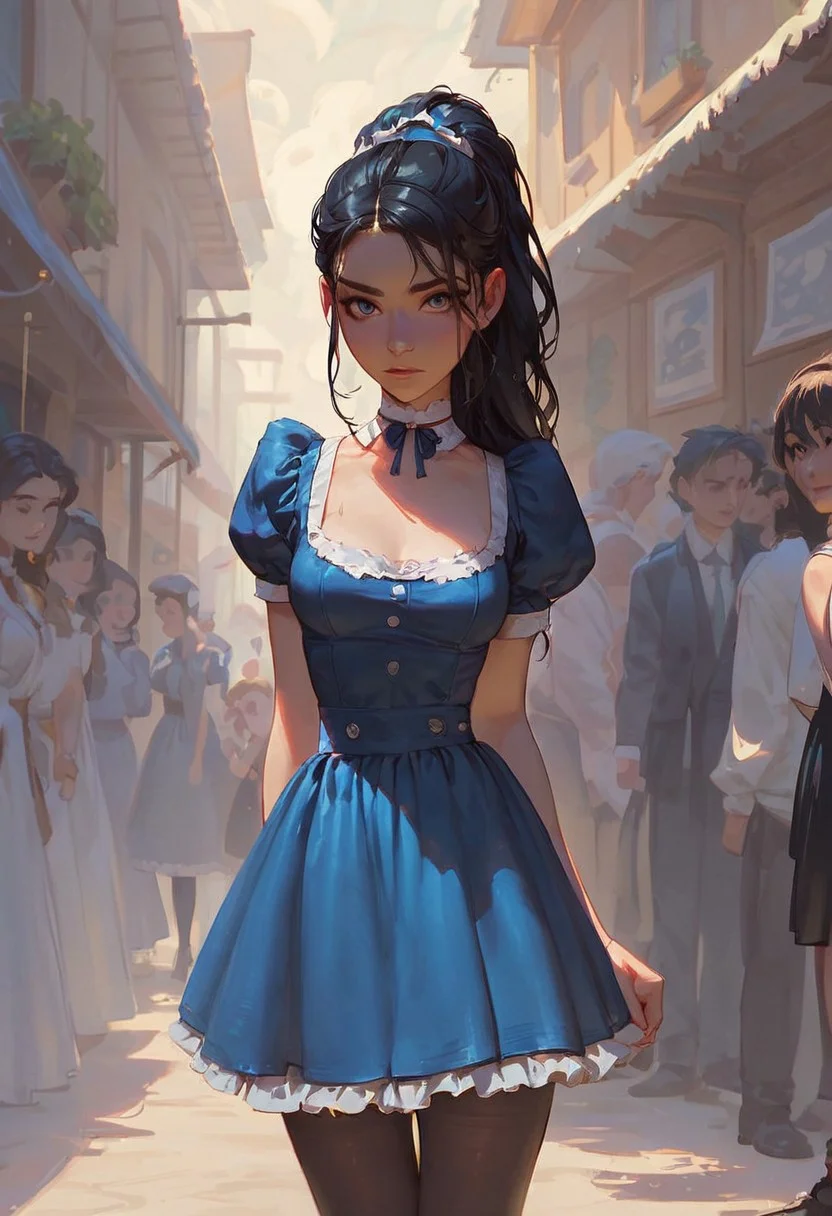 score_9, score_8_up, score_8, in a crowd, close up face, 1girl. Long black hair, ponytail hairstyle, black hair, petite, narrow waist,highly detailed,blue maid suit,pantyhose,look at viewer