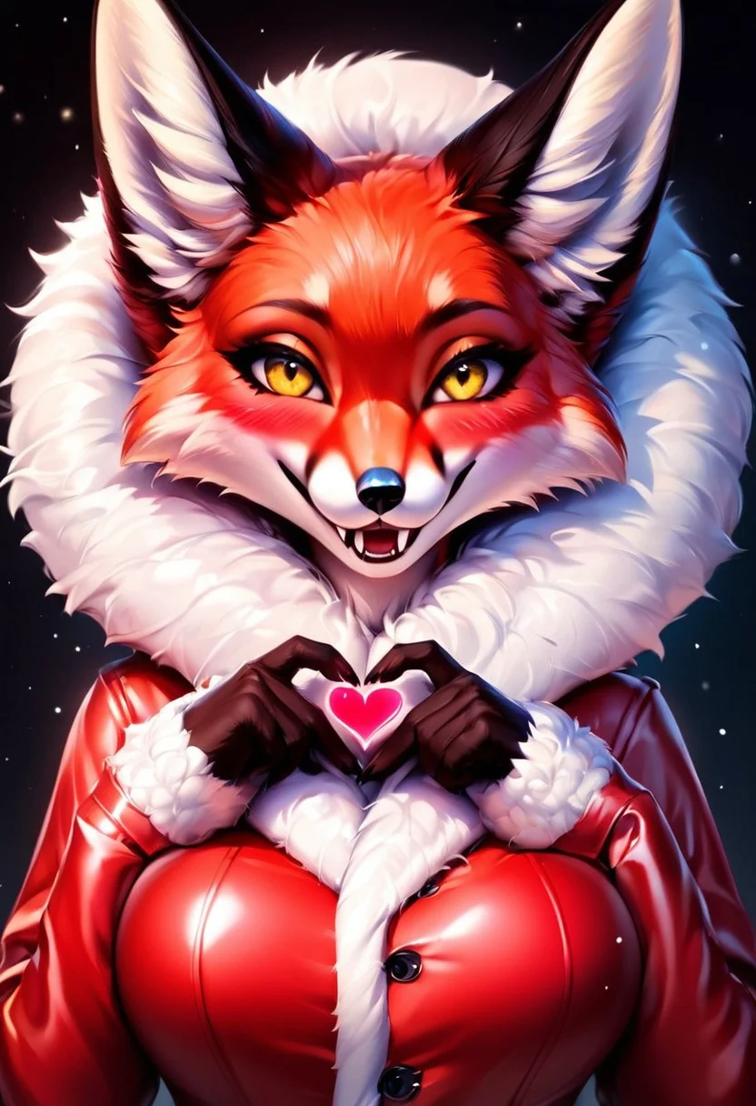 score_9, score_8_up, score_7_up, score_6_up, score_5_up, score_4_up source_furry fox, red fox, with a white belly, black tips of the hands, black legs, beautiful eyes, fluffy body, beautiful girl, red tail, fox tail, fox ears, red legs, realistic yellow eyes, even eyes, smile, black pupils, 2 hands, 2 legs, 5 fingers, one character, furry, Looks at the viewer, upper body, close-up, big breasts, blush, heart, fingers heart, Alice looks straight, fangs, teeth, sharp fangs, Red raincoat, fur trim, raincoat with fur trim, skirt with fur trim, sleeves with fur, red raincoat