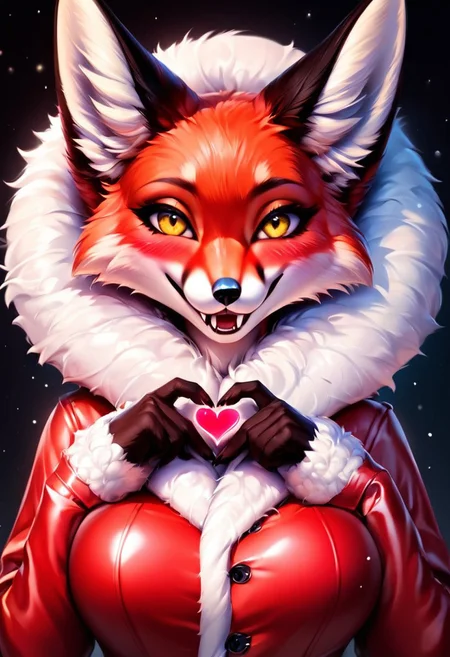 score_9, score_8_up, score_7_up, score_6_up, score_5_up, score_4_up source_furry fox, red fox, with a white belly, black tips of the hands, black legs, beautiful eyes, fluffy body, beautiful girl, red tail, fox tail, fox ears, red legs, realistic yellow eyes, even eyes, smile, black pupils, 2 hands, 2 legs, 5 fingers, one character, furry, Looks at the viewer, upper body, close-up, big breasts, blush, heart, fingers heart, Alice looks straight, fangs, teeth, sharp fangs, Red raincoat, fur trim, raincoat with fur trim, skirt with fur trim, sleeves with fur, red raincoat