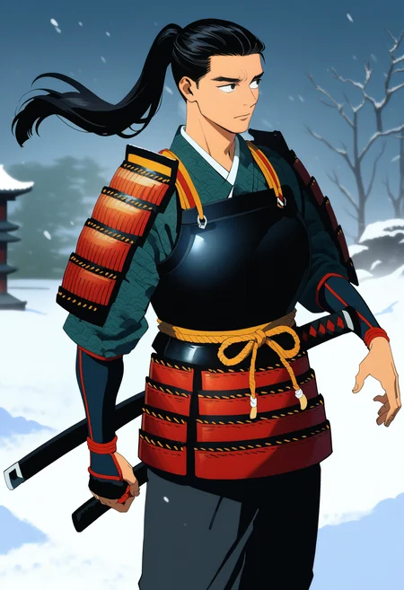 shuro, shuro original outfit, black hair, 1boy, closed mouth, male focus, ponytail, dungeon meshi, weapon, japanese clothes, pants, armor, sandals, katana, shoulder armor, japanese armor, sode, samurai,
cowboy shot, outdoors, snow, atmospheric, looking away, wind, floating hair, hand on hilt, 
masterpiece, best quality, very aesthetic, absurdres
<lora:dungeon_meshi_collection_ani_v23:1>