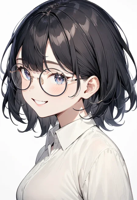 masterpiece, best quality, very aesthetic, absurdres,
1girl, solo, black hair, medium hair, smile, looking at viewer, upper body, collared shirt,
round_glasses22A, black-framed eyewear, 
white background, simple background,
 <lora:round_glasses_metal-frame_SDXL_V1:1>