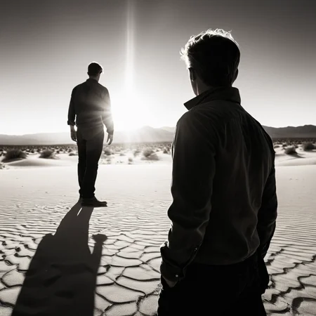 Double Exposure photography, cinematic film still of  <lora:add-detail-xl:1>0
<lora:detailed:0.3>
<lora:perfection style:0.3>
<lora:xl_more_art-full_v1:0.3>
 <lora:true detective style:1>
a man standing in front of a shadow of a person,solo,1boy,standing,monochrome,male focus,from behind,sand,desert , sharp, detailed, epic photography, artistic, dramatic light, cinematic style, film style, 
true detective style, double image ghost effect, image combination, double exposure style