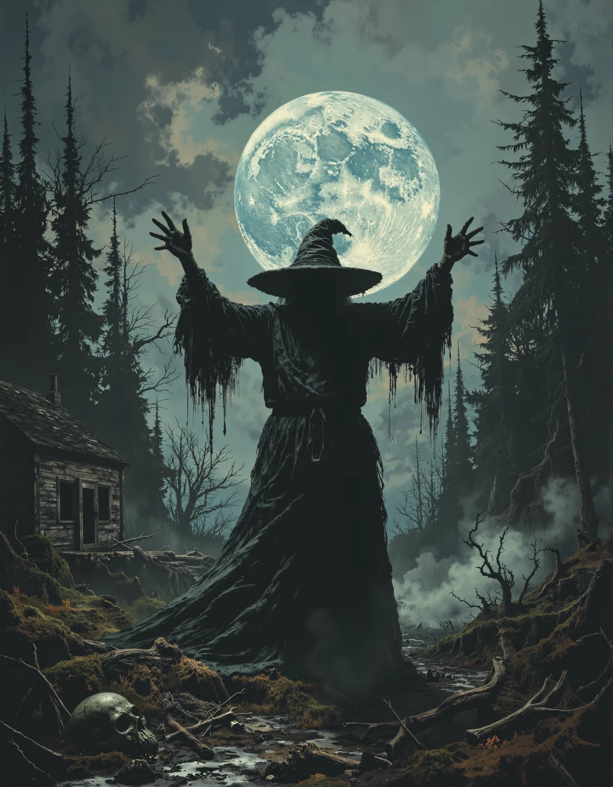 a graphic illustration of a shadowy forest under a full moon, thick fog swirling around a decrepit cabin. A hunched witch in tattered rags stands menacingly, arms raised as she summons her demons. Her sunken eyes are dark, her long black hair flows, and her crooked nose is adorned with warts. She is wearing a witch hat. Twisted roots and bleached bones litter the ground. Dark shadows twist and writhe around her as she chants, creating a chilling atmosphere of pure horror.<lora:Witchcore:0.8> w1tchc0re <lora:Glitchcore_Flux:0.8> gl1tchc0re