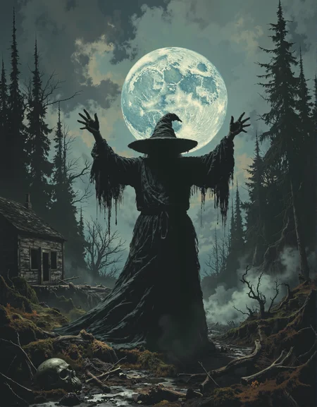 a graphic illustration of a shadowy forest under a full moon, thick fog swirling around a decrepit cabin. A hunched witch in tattered rags stands menacingly, arms raised as she summons her demons. Her sunken eyes are dark, her long black hair flows, and her crooked nose is adorned with warts. She is wearing a witch hat. Twisted roots and bleached bones litter the ground. Dark shadows twist and writhe around her as she chants, creating a chilling atmosphere of pure horror.<lora:Witchcore:0.8> w1tchc0re <lora:Glitchcore_Flux:0.8> gl1tchc0re