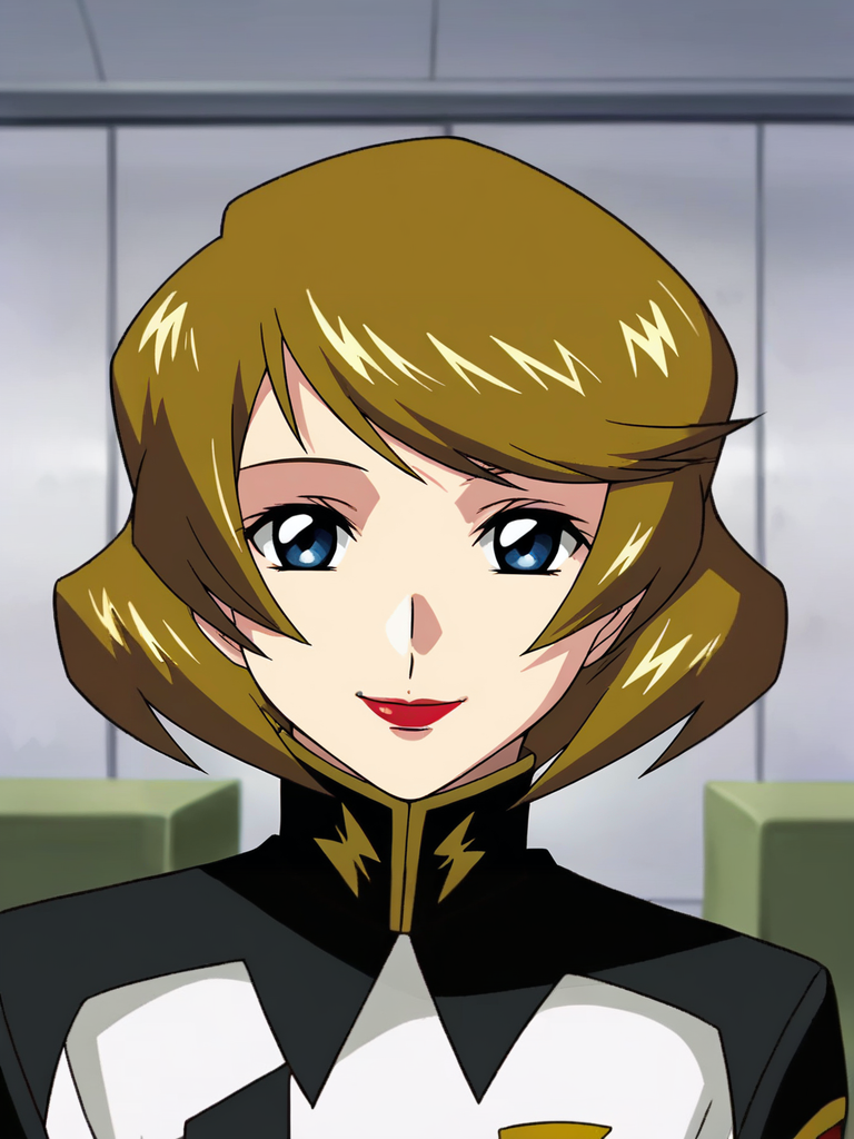 <lora:Talia_Gladys-Gundam_SEED_Destiny:0.8>,Talia,1girl,short hair,brown hair,blue eyes,lipstick,military uniform,upper body,smile,looking at viewer,indoors