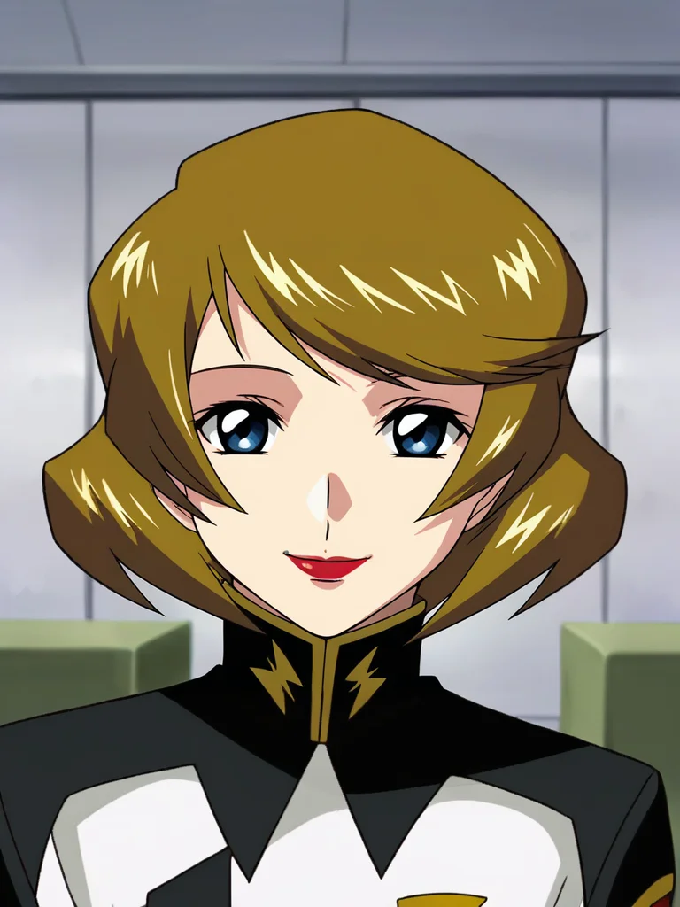 <lora:Talia_Gladys-Gundam_SEED_Destiny:0.8>,Talia,1girl,short hair,brown hair,blue eyes,lipstick,military uniform,upper body,smile,looking at viewer,indoors