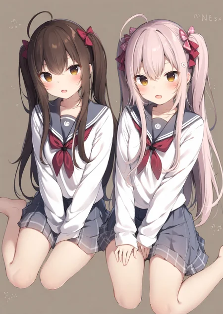 multiple girls, teddy bear, 2girls, shirt, stuffed animal, skirt, thighhighs, bow, pleated skirt, school uniform, white shirt, stuffed toy, very long hair, brown eyes, fang, parted lips, brown background, closed eyes, red bow, bangs, serafuku, blush, white bow, brown hair, closed mouth, long hair, hair bow, long sleeves, twintails, smile, barefoot, hair between eyes, wariza, sitting, fang out, sailor collar, sleeves past wrists, grey skirt, grey sailor collar, pink hair, kneeling, :o, between legs, ahoge, simple background, hand on another's head, hand between legs, sidelocks, no shoes, ^_^
<lora:amaki_natsuki-loha-v1.0:0.7>, (masterpiece,best quality)