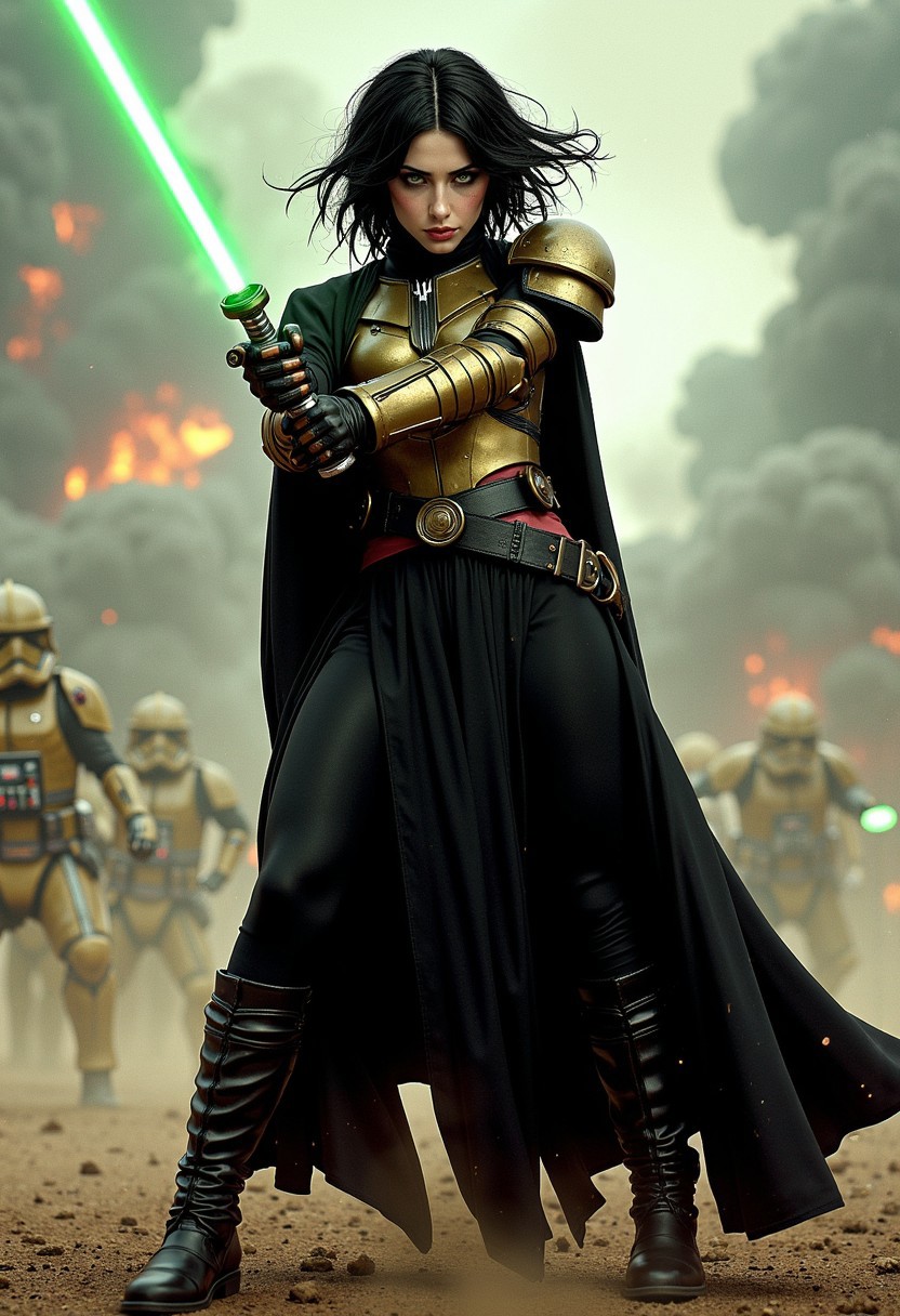 Illustration combining oil-canvas and semi-realistic comic-book style image with a Star Wars theme, star wars style, mythp0rt, Pale skin tone, dynamic, woman. The main subject of the image is a beautiful French woman in her 30s. She is a Goth GIrl with very pale skin, with messy black hair, blue eyes, high cheekbones, and full rosy lips. She has one beauty mark mole beside her mouth. She has smokey eyeshadow. She is wearing a sci-fi bronze raiment of armor including a breastplate. She is wearing long black robes, leather boots, bracers, belt, featuring a long skirt. She is attacking with a green lightsaber in a glamorous pose, stretching in such a way that it demonstrates sensual physicality, at unique angles. She is standing on a dramatic battlefield, occluded with smoke and dust. Sharp Focus, Volumetric Lighting, Realistic Shading, Octane Render, Realistic, professional, 4k, highly detailed,, portrait photography, capturing emotion, personality, flattering lighting, professional, engaging, compelling composition.