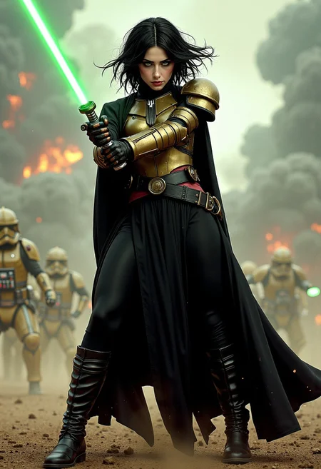 Illustration combining oil-canvas and semi-realistic comic-book style image with a Star Wars theme, star wars style, mythp0rt, Pale skin tone, dynamic, woman. The main subject of the image is a beautiful French woman in her 30s. She is a Goth GIrl with very pale skin, with messy black hair, blue eyes, high cheekbones, and full rosy lips. She has one beauty mark mole beside her mouth. She has smokey eyeshadow. She is wearing a sci-fi bronze raiment of armor including a breastplate. She is wearing long black robes, leather boots, bracers, belt, featuring a long skirt. She is attacking with a green lightsaber in a glamorous pose, stretching in such a way that it demonstrates sensual physicality, at unique angles. She is standing on a dramatic battlefield, occluded with smoke and dust. Sharp Focus, Volumetric Lighting, Realistic Shading, Octane Render, Realistic, professional, 4k, highly detailed,, portrait photography, capturing emotion, personality, flattering lighting, professional, engaging, compelling composition.