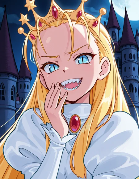 masterpiece, best quality, ultra detailed, aesthetically pleasing, absurdres, highres, ultra-detailed, beautiful detailed hair, beautiful detailed eyes, glistening skin, anime_screencap, BREAK,
dvltte, 1girl, long blonde hair, hair slicked back, crown, blue eyes, white dress, puffy juliet sleeves, portrait, looking at viewer, smile, laughing, slit pupils, furrowed brow, sharp teeth,
gothic castle, blue under light, night time,
<lora:devilotte_Illustrious:1>
