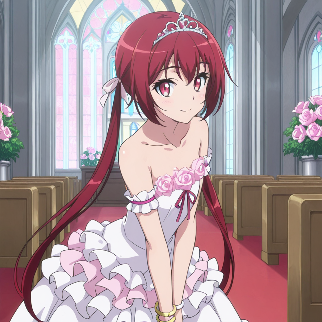nsfw, masterpiece, best quality, 1girl, solo, jokamachi_no_danderaion_akane_sakurada, long hair, twintails, smile, dress, red hair, looking at viewer, ribbon, bracelet, jewelry, tiara, hair ribbon, flower, red eyes, pink flower, diadem, collarbone, church,<lora:Akane_Sakurada_-_Jokamachi_no_Danderaion_2:0.7>