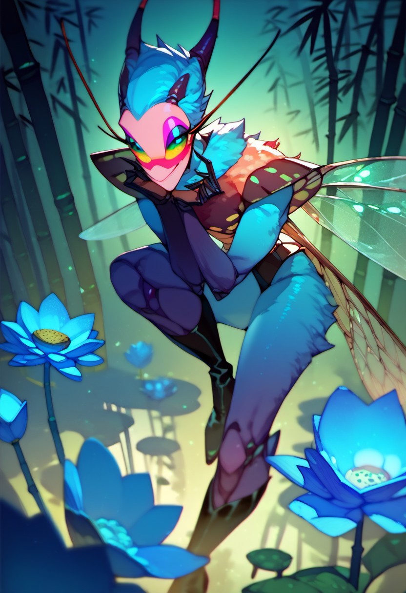 score_9, score_8_up, score_7_up, score_6_up, dark faerie, flying at night, beautiful face with insect eyes, heavy black boots, highly detailed, blue lotus blossom, bamboo, insect wings, monster boy, cyan and magenta, colored skin, soft fur