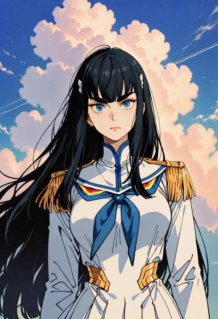 masterpiece, best quality, good quality, very awa, very aesthetic, absurdres, newest, 1girl, 1girl, kiryuuin satsuki, breasts, detailed, super high resolution, face portrait, face focus, closeup, sky, clouds, solo, skirt, uniform, looking at viewer, vfaix, retro_artstyle, retro