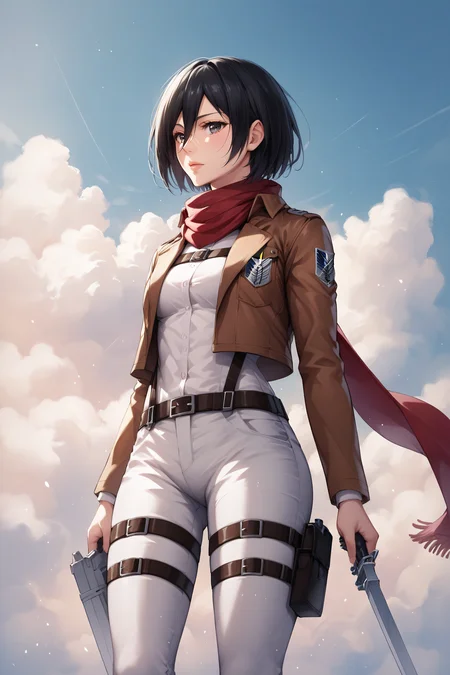 score_9, score_8_up, score_7_up, score_6_up, score_5_up, score_4_up, BREAK source_anime, <lora:mikasa ackerman-PonyXL:0.8> mikasa ackerman, black eyes, black hair, short hair, white shirt, thigh strap, open cropped brown jacket, red scarf, white pants, survey corps \(emblem\), boots, standing,