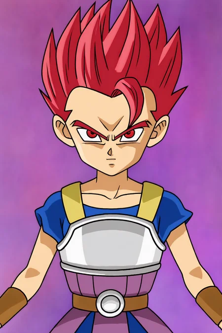 source_anime, score_9, official style, anime screencap, 
cabba, super saiyan god, red hair, red eyes, constricted pupils, spiked hair,  (red aura),  looking at viewer, fire
solo,1boy, male focus, collarbone, cowboy shot,
blue shirt, short sleeves,  saiyan armor, purple tunic, brown belt, blue shorts, 
v-shaped eyebrows, v-shaped eyes, blurry background,  purple sky, midair, 
 <lora:cabba_pony_v1:0.8>
