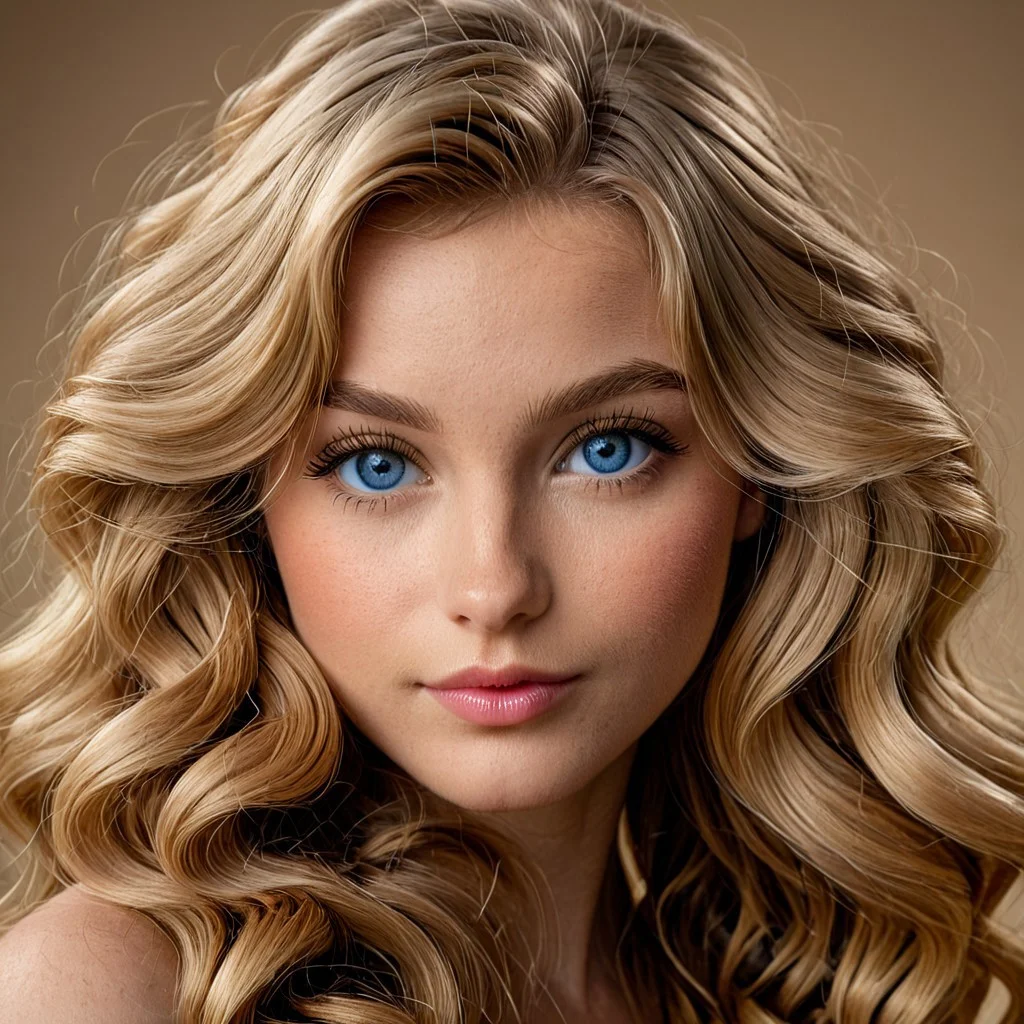 (luxparisa), (ultra-detailed), close-up portrait, caramel blonde waves softly framing her face, large blue eyes, fair glowing skin, pouty lips curled in a slight smirk, soft blush, warm side lighting, neutral studio backdrop, portrait glamour style