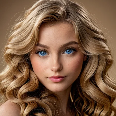 (luxparisa), (ultra-detailed), close-up portrait, caramel blonde waves softly framing her face, large blue eyes, fair glowing skin, pouty lips curled in a slight smirk, soft blush, warm side lighting, neutral studio backdrop, portrait glamour style