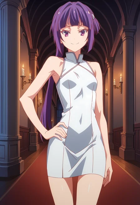 score_9, score_8_up, score_7_up, source_anime, 2d,
Chlammy Zell, 1girl, purple hair, long side strand, purple eyes, small breasts,
anime coloring, anime screencap, detailed eyes, zPDXL, perfect faces, uncensored, rating_explicit, <lora:chlammy_zell_1-000035:1>
silver dress, low-cut, thighs, bare shoulders, bare arms, highleg, white thongs, hallway, night, candles, hand on hip, smile,