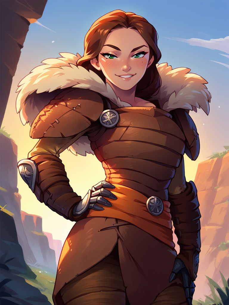 score_9, score_8_up, score_7_up, 1girl, dynamic pose, cowboy shot, looking at viewer, sexy pose, sexually suggestive, naughty face, dutch angle, valley, vegetation, hand on hips, 
 <lora:AValka_character:0.8>, ValkaXL, brown hair, green eyes, armor, shoulder armor, pauldrons, fur trim, gauntlets, cartoon, <lora:KajinmanLycoXL:0.7>,
