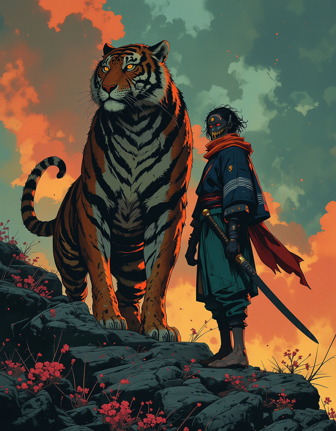 Comic style concept art, A young, androgynous samurai with unruly dark hair wearing a dark black mask with a crescent moon ornament, glowing red eyes, and pale skin, wearing a dark blue kimono with teal accents, a red sash, and a flowing orange-red scarf, holding a katana sword with gold hilts, stands next to him is a big tiger, standing confidently on a jagged rocky outcrop covered in small pink flowers, a dramatic cloudy sky with hints of orange and red in the background, highly detailed, <lora:Luminous_Shadowscape:0.6>, <lora:NeonFantasyPrimeFLUX:0.6>, <lora:FluxMythP0rtr4itStyle:0.6>