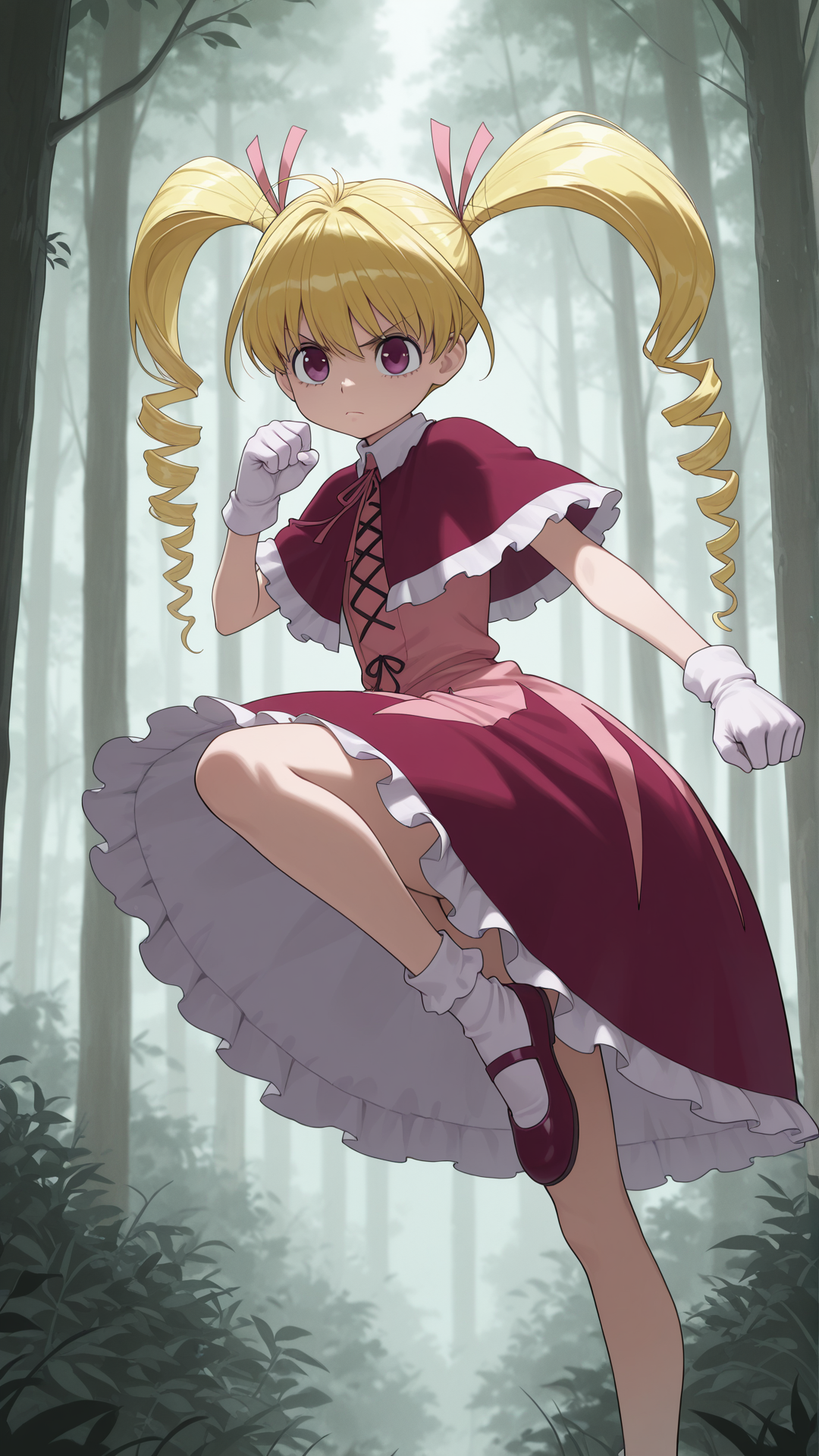 masterpiece, best quality, amazing quality, 1girl, solo,  <lora:IlluBiscuit:1> illubiscuit, blonde hair, purple eyes, long hair, twintails, drill hair, purple eyes, white gloves, hair ribbon, capelet, dress, bobby socks,  serious, fighting stance, forest, kicking, midair, flying kick,