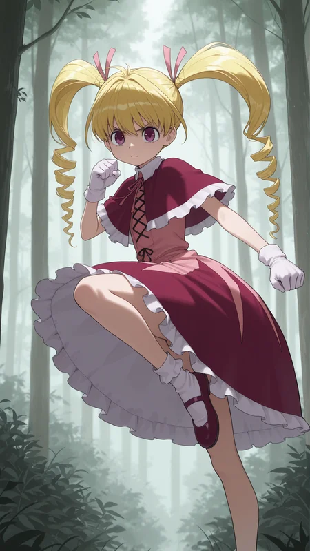 masterpiece, best quality, amazing quality, 1girl, solo, <lora:IlluBiscuit:1> illubiscuit, blonde hair, purple eyes, long hair, twintails, drill hair, purple eyes, white gloves, hair ribbon, capelet, dress, bobby socks, serious, fighting stance, forest, kicking, midair, flying kick,