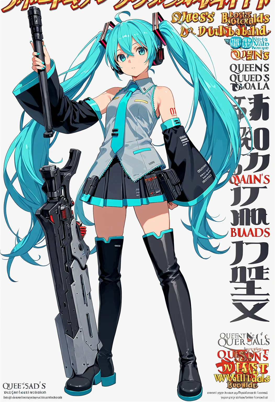 <lora:1_QB_Title_PONY_V1:1>(qb_title:1.2), (Title logo:1.2), Title Text,  cover,  zoom layer, Multi-layer, character name, author name, copyright name, watermark, simple background, white background, book cover,  game cover,  
1girl, solo, (full body), long shot, afterimage, look at viewer,
weapon, armor,
mikuhatsune, miku hatsune, ahoge, aqua eyes, aqua hair, crossed bangs, hair between eyes, hair ornament, headphones, long hair, twintails, mature female,
aqua necktie, black footwear, black skirt, black sleeves, boots, collared shirt, detached sleeves, grey shirt, necktie, pleated skirt, shirt, skirt, sleeveless, sleeveless shirt, thigh boots, tie clip,
(nsfw:1), (Uncensored:1), score_9, score_8_up, score_7_up, score_6_up, score_5_up, score_4_up,