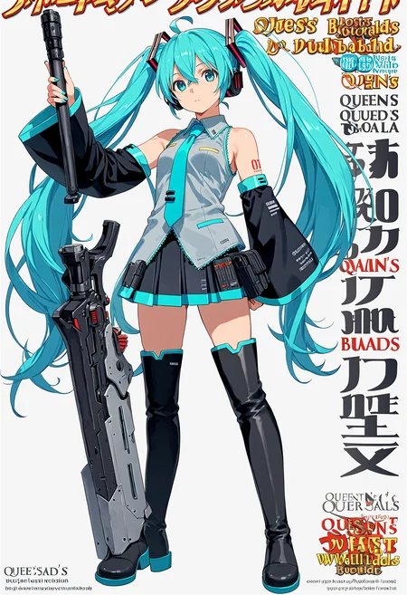 <lora:1_QB_Title_PONY_V1:1>(qb_title:1.2), (Title logo:1.2), Title Text, cover, zoom layer, Multi-layer, character name, author name, copyright name, watermark, simple background, white background, book cover, game cover,
1girl, solo, (full body), long shot, afterimage, look at viewer,
weapon, armor,
mikuhatsune, miku hatsune, ahoge, aqua eyes, aqua hair, crossed bangs, hair between eyes, hair ornament, headphones, long hair, twintails, mature female,
aqua necktie, black footwear, black skirt, black sleeves, boots, collared shirt, detached sleeves, grey shirt, necktie, pleated skirt, shirt, skirt, sleeveless, sleeveless shirt, thigh boots, tie clip,
(nsfw:1), (Uncensored:1), score_9, score_8_up, score_7_up, score_6_up, score_5_up, score_4_up,