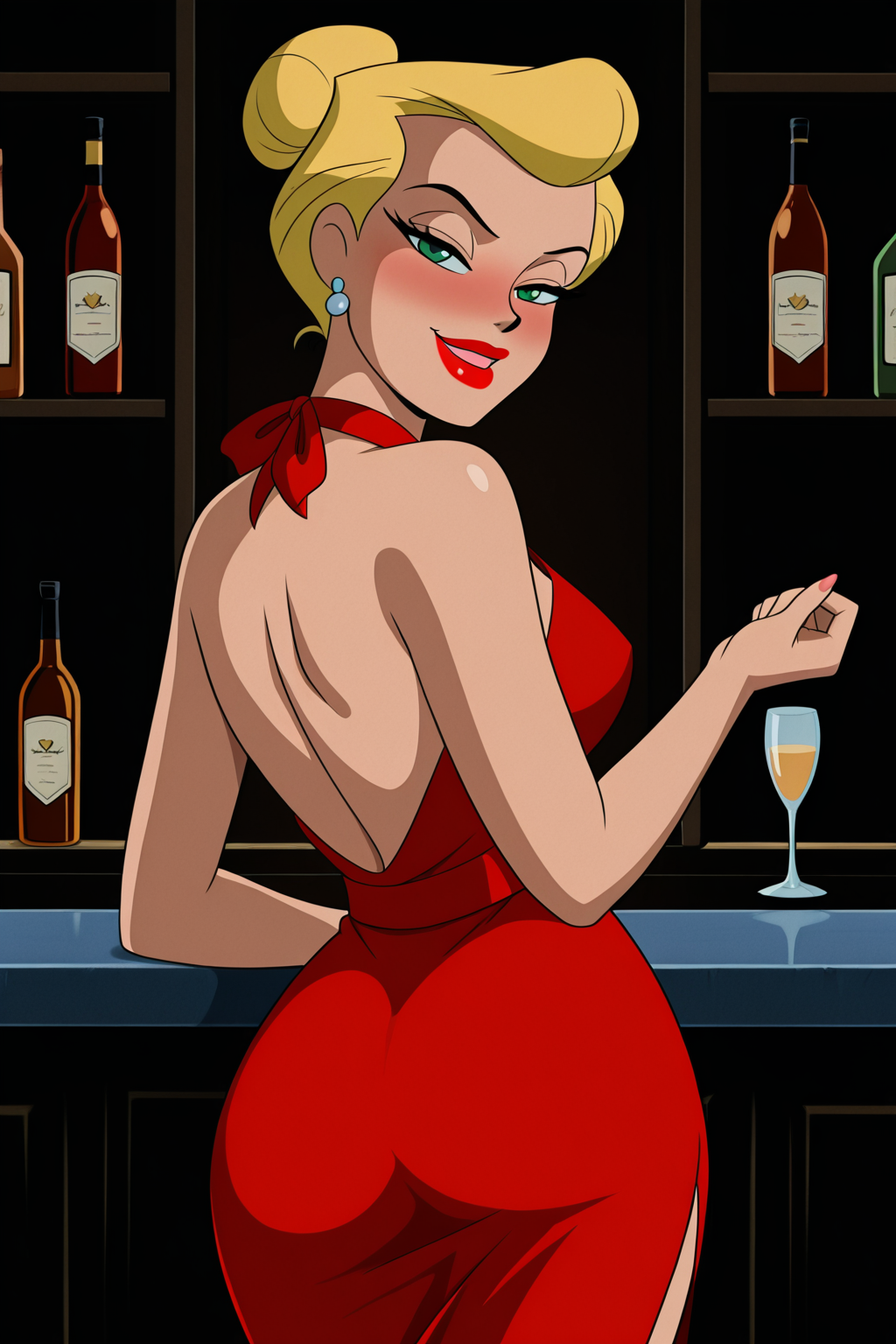 ((retro arstyle, parody), perfect anatomy, perfect eyes, cowboy shot, from behind) BREAK <lora:CatwomanIL:1> selina kyle, green eyes, blonde hair, lipstick, red lips, naughty eyes, naughty face, half-closed eyes, drunk, ((looking back at viewer)), single hair bun, jewelry, earrings, bare shoulders, halter dress, red dress, teasing viewer, seducing viewer, relaxing at luxurious bar, showing off hips, beckoning viewer to join her, indoors