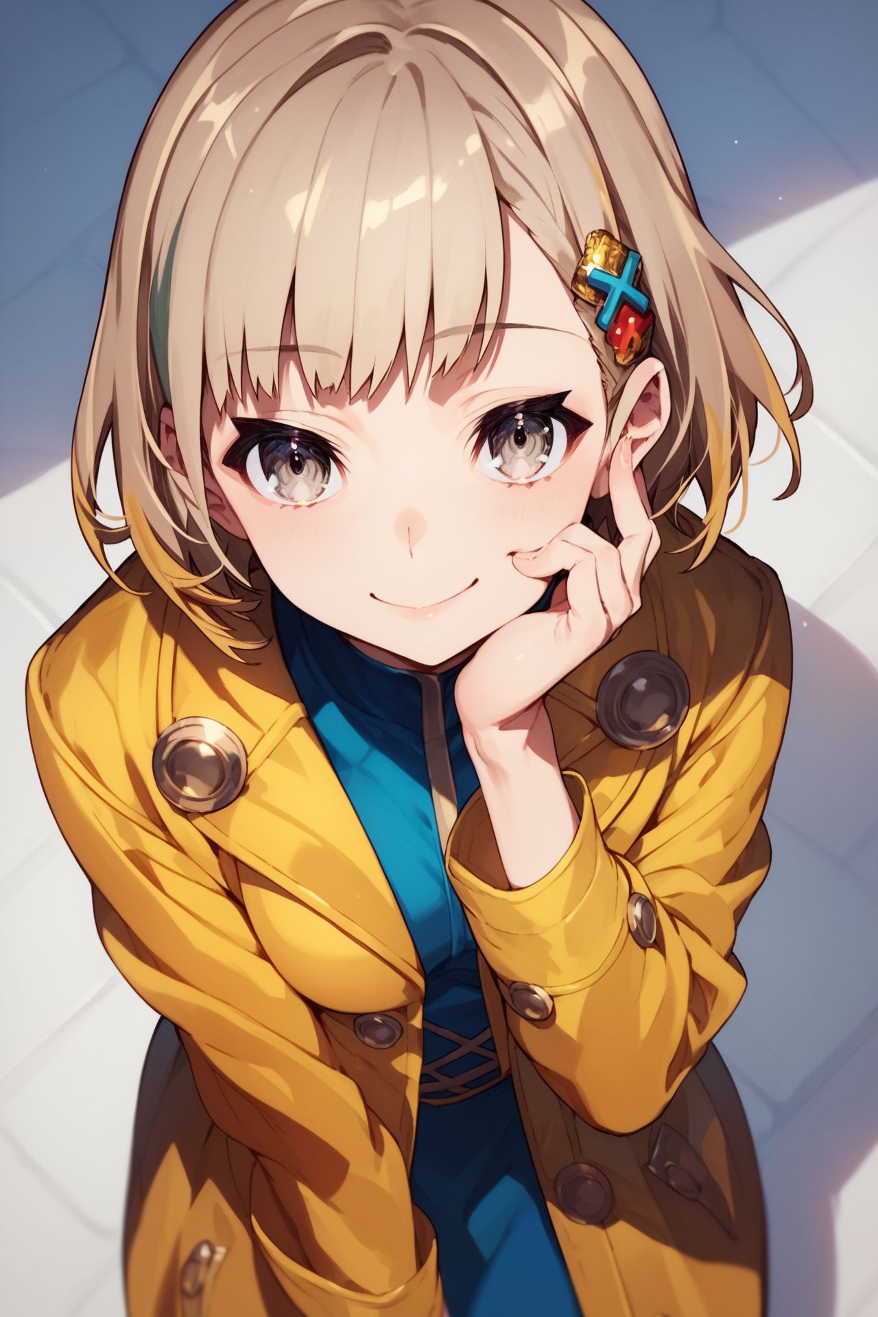 score_9, score_8_up, score_7_up, 1girl, looking at viewer, hand on own cheek, naughty smile, light brown hair, multicolored hair, short bangs, hair ornament, silver eyes, small breasts, golden coat, from above, detailed background, <lora:mika_pikazo_PonyXL_style_v01:1>