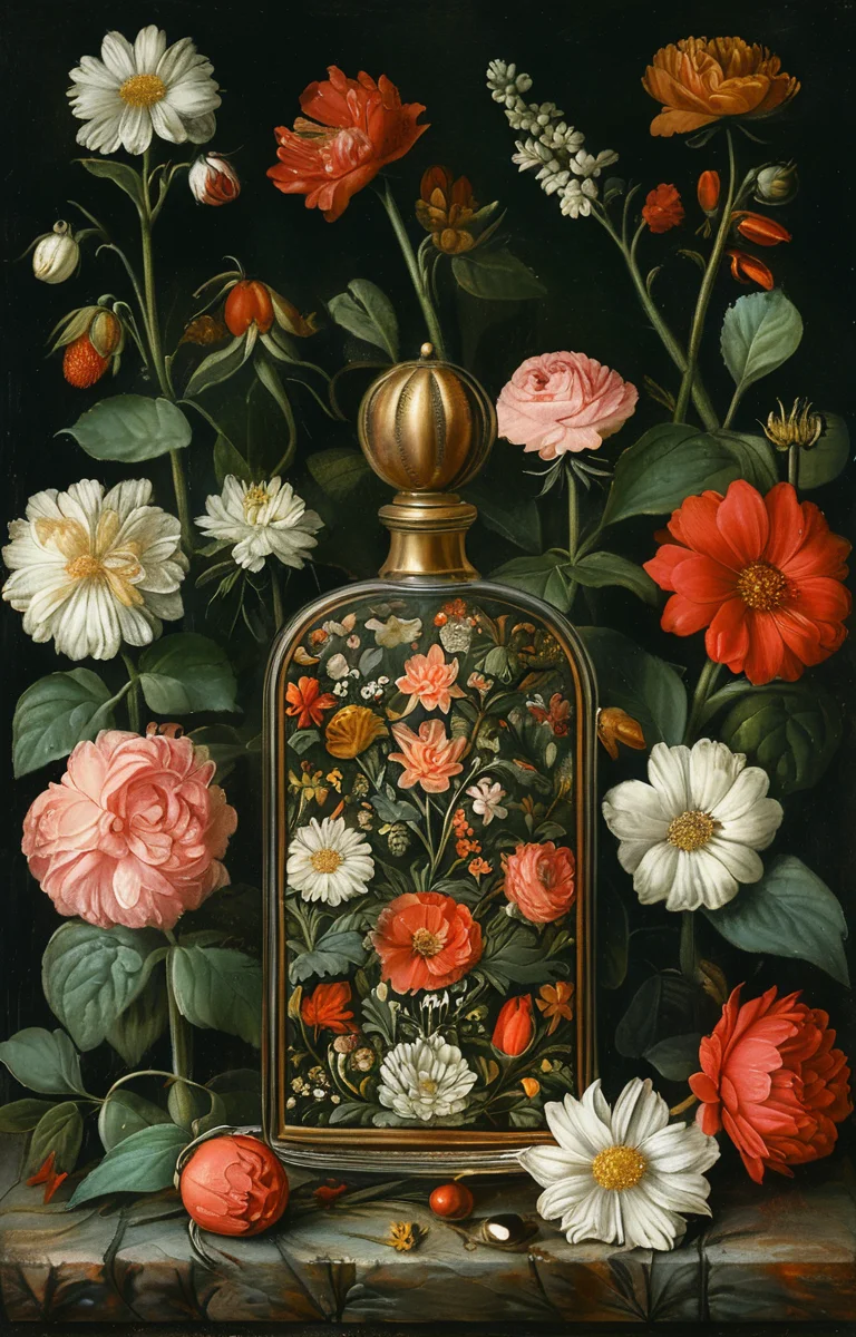 masterpiece,best quality,<lora:tbh185-sdxl:0.8>,illustration,style of ambrosius benson, A bottle of perfume in garden