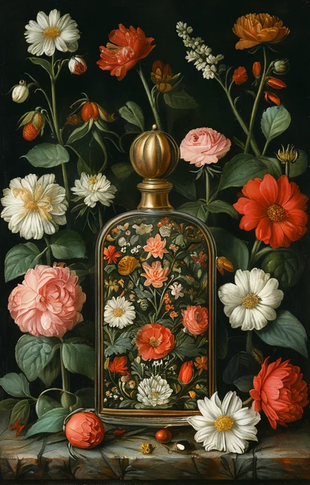 masterpiece,best quality,<lora:tbh185-sdxl:0.8>,illustration,style of ambrosius benson, A bottle of perfume in garden
