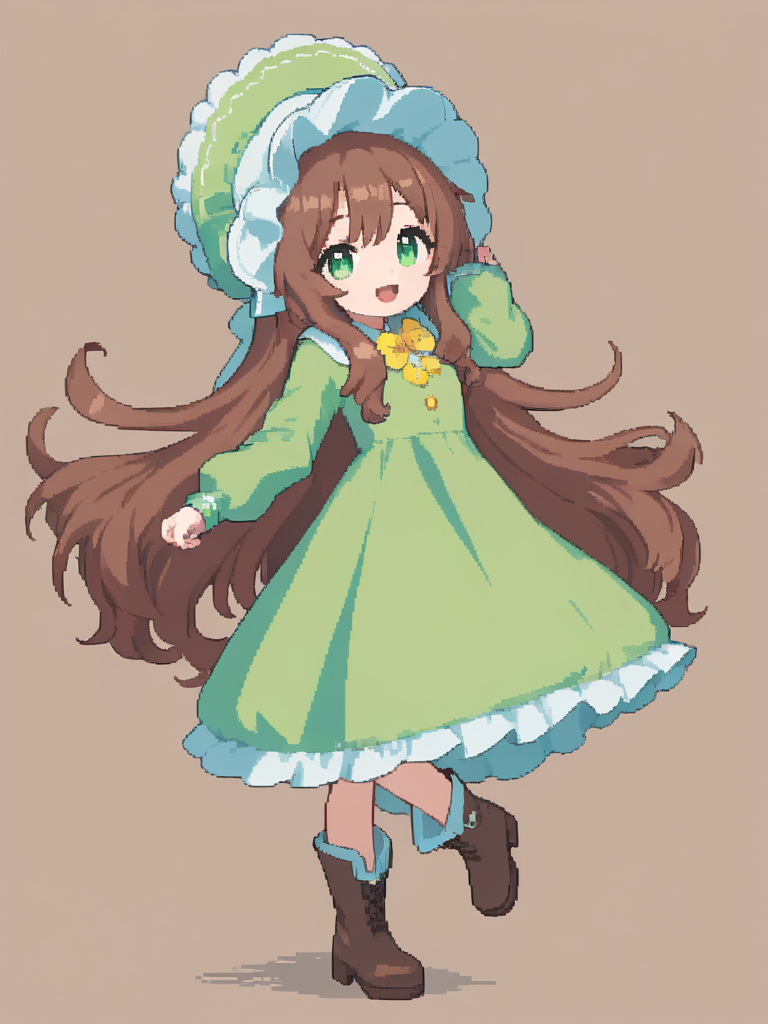 <lora:pixel style-000007:0.7>,pixel style,1girl, long hair, solo, green eyes, dress, very long hair, hat, smile, open mouth, green dress, brown hair, boots, looking at viewer, brown footwear, full body, hat flower, :d, leaning forward, bonnet, long sleeves, signature