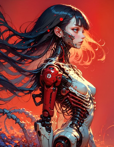 score_9, score_8_up, score_7_up, embedding:zPDXL, 1girl, solo, breasts, very long hair, bangs, simple background, black hair, red eyes, closed mouth, weapon, small breasts, blunt bangs, medium hair, from side, profile, floating hair, expressionless, red background, science fiction, android, cable, mechanical arms, cyborg, robot joints, mechanical parts, tube, spine <lora:pony/twilight_style:0.8> <lora:pony/expressiveh:0.8> expressiveh, <lora:pony/BioPunky:0.8>
