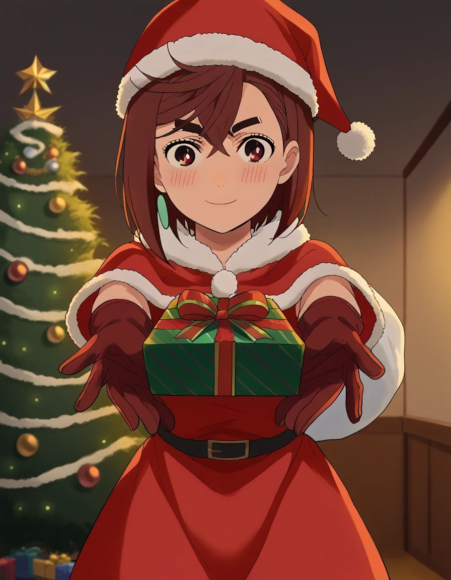 score_9, score_8_up, score_7_up, source_anime, <lora:momo-ayase-s1-ponyxl-lora-nochekaiser:1>, momo ayase, short hair, brown hair, brown eyes, bangs, thick eyebrows, medium breasts, anime screencap,, <lora:santa-costume-ponyxl-lora-nochekaiser:1>, santa costume, santa hat, christmas, sack, merry christmas, gift, fur-trimmed headwear, holding sack, santa dress, fur-trimmed dress, christmas tree, christmas tree, fur trim, red capelet, gift box, red gloves, fur-trimmed capelet, santa gloves, red hat, hat,, smile, blush, looking at viewer, <lora:incoming-gift-ponyxl-lora-nochekaiser:1>, incoming gift, outstretched arms, holding, holding gift, gift, gift box,, , dutch angle, cowboy shot