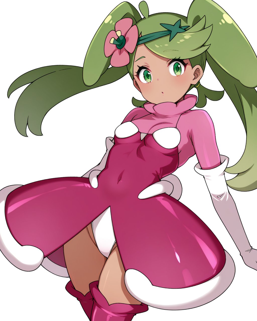 1girl, solo, mallow \(pokemon\), (amamaiko \(cosplay\):1.1), steenee \(cosplay\),green hair,twintails,swept bangs,green eyes,dark-skinned female, alternate costume, pokemon fusion, fusion, mind control, hair flower, leotard, pink shirt, white elbow gloves, pink thigh boots, kusano houki, looking at viewer, simple background, white background, masterpiece, best quality, very aesthetic, absurdres