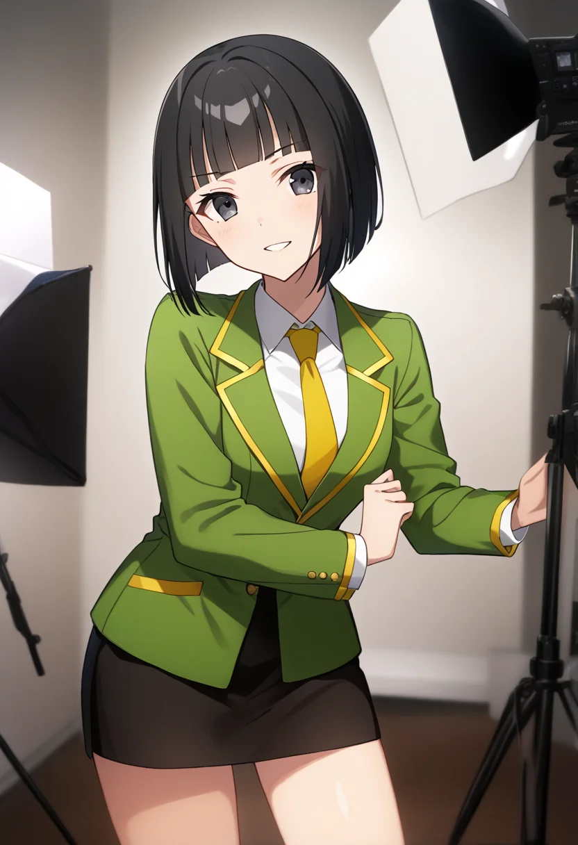 score_9, score_8_up, score_7_up, source_anime, best quality, masterpiece, photography studio, models posing,
human, female, solo, cosChihhi, black hair, black eyes, hair slicked back, hime cut, blunt bangs bob cut,
green jacket, black miniskirt, yellow necktie,
<lora:lora_cosChihhi_xl_v1_pony:0.9>