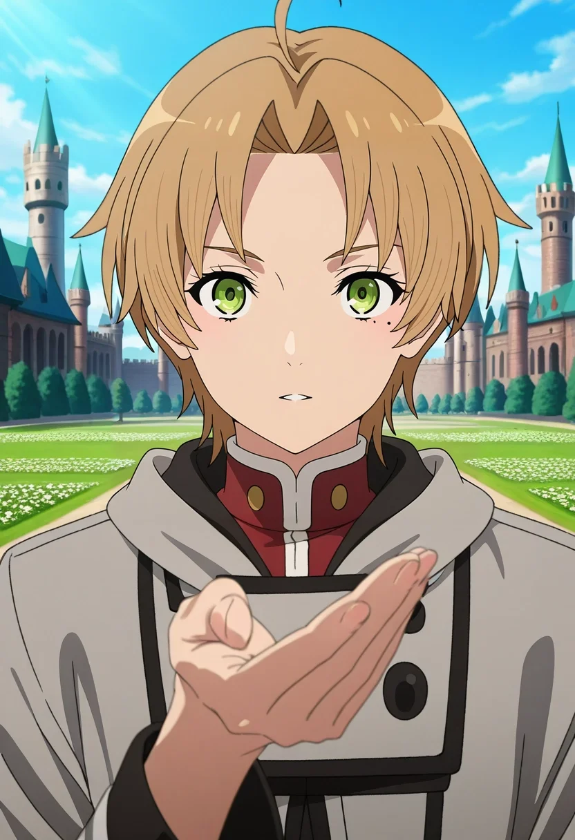 masterpiece, best quality, intricate details, anime screencap, , official style, looking at viewer, 1boy, solo, male focus, <lora:rudeus_greyrat_ilxl:0.96>, rudeus_greyrat, blonde hair, green eyes, short hair, bangs, parted bangs, ahoge, mole under eye, , fairy castle, flower towers, light halls, butterfly courts, royal pose, majestic expression, magical lighting