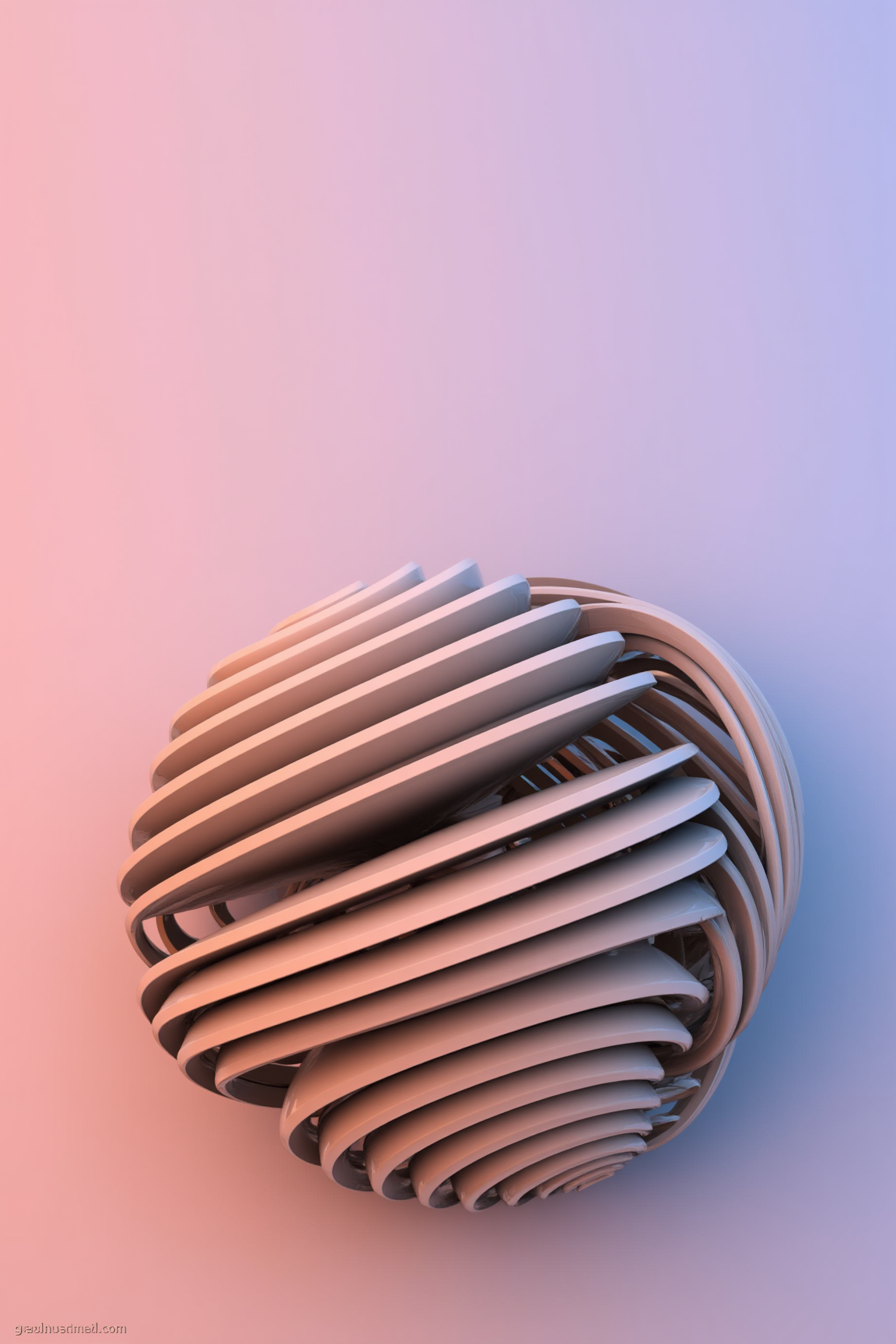 A 3D Rendered abstract of, sharp photo of a 3D rendering of a spherical object that appears to be made up of multiple layers of thin, curved lines. The lines are arranged in a symmetrical pattern, creating a sense of depth and dimension. The object is placed on a gradient of light pink and light blue, with the light pink on the left side and the light blue on the right side. The edges of the object are slightly curled, giving it a textured appearance. The overall color scheme of the image is soft and muted, with a subtle gradient effect.